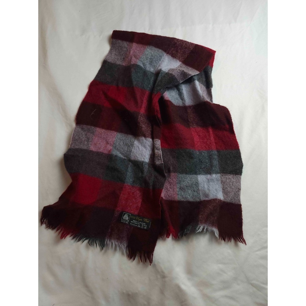 Unbranded Plaid Scarf Unisex One Size Red Gray Knit Virgin Wool Fringe Trim